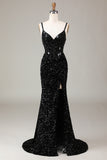 Black Sheath Spaghetti Straps Sparkly Sequins Prom Dress with Split Front