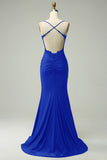 Royal Blue Mermaid Halter Long Prom Dress with Appliques Beading