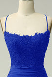 Royal Blue Mermaid Halter Long Prom Dress with Appliques Beading