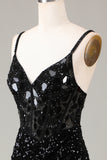 Black Sheath Spaghetti Straps Sparkly Sequins Prom Dress with Split Front
