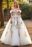 Floral Off The Shoulder White Tulle A Line Long Wedding Dress
