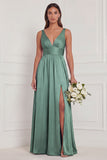 Dusty Blue A Line V Neck Bridesmaid Dress with Slit