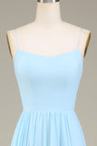 Sky Blue A-Line Spaghetti Straps Chiffon Long Bridesmaid Dress