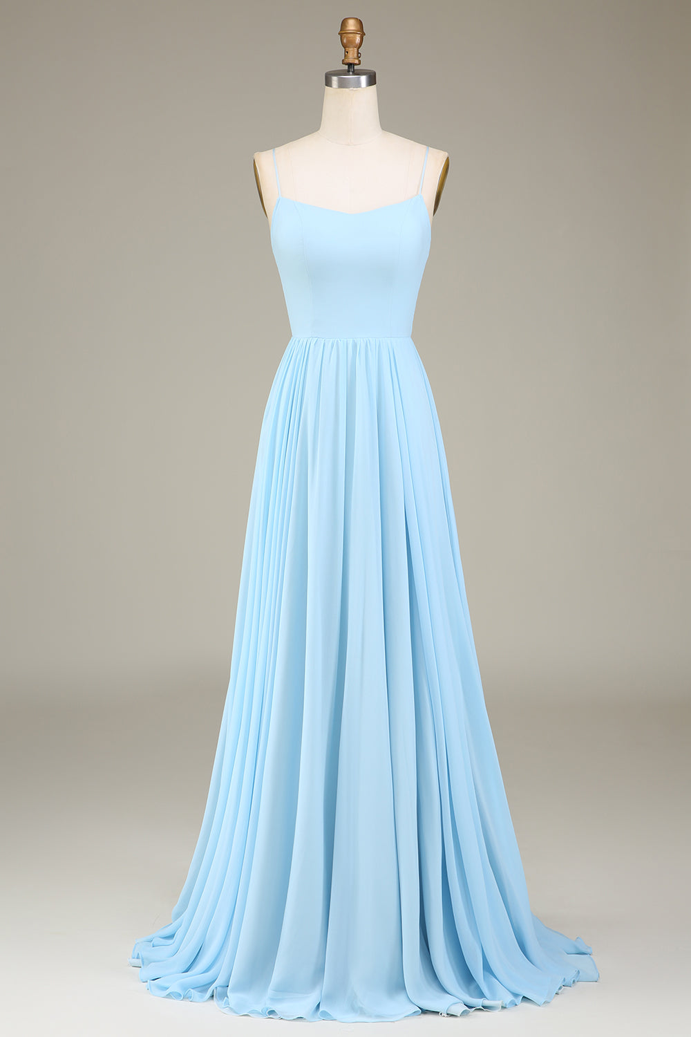 Sky Blue A-Line Spaghetti Straps Chiffon Long Bridesmaid Dress