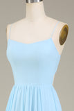 Sky Blue A-Line Spaghetti Straps Chiffon Long Bridesmaid Dress