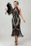 Bodycon Halter Black Golden Sequins Short 1920s Dress With Fringes