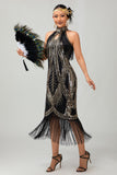 Bodycon Halter Black Golden Sequins Short 1920s Dress With Fringes
