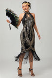 Bodycon Halter Black Golden Sequins Short 1920s Dress With Fringes