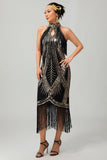 Bodycon Halter Black Golden Sequins Short 1920s Dress With Fringes