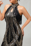 Bodycon Halter Black Golden Sequins Short 1920s Dress With Fringes