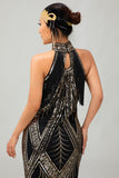 Bodycon Halter Black Golden Sequins Short 1920s Dress With Fringes