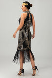 Bodycon Halter Black Golden Sequins Short 1920s Dress With Fringes