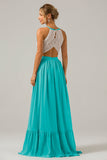 A-Line Halter Pleated Keyhole Chiffon Bridesmaid Dress With Lace