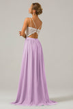 A-Line Spaghetti Straps Pleated Long Bridesmaid Dress With Lace