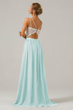 A-Line Spaghetti Straps Pleated Long Bridesmaid Dress With Lace