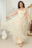 Champagne A Line Spaghetti Straps Tulle Plus Size Prom Dress With Embroidery