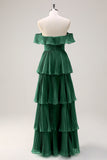 Eucalyptus A-Line Off The Shoulder Tiered Pleated Floor Length Bridesmaid Dress