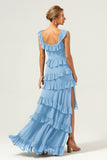 Dark Navy A Line Square Neck Tiered Long Chiffon Bridesmaid Dress with Ruffles