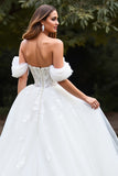 Off The Shoulder White Tulle A Line Long Wedding Dress With Slit