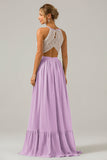 A-Line Halter Pleated Keyhole Chiffon Bridesmaid Dress With Lace