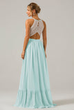 A-Line Halter Pleated Keyhole Chiffon Bridesmaid Dress With Lace