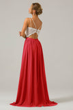 A-Line Spaghetti Straps Pleated Long Bridesmaid Dress With Lace