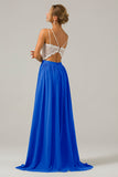 A-Line Spaghetti Straps Pleated Long Bridesmaid Dress With Lace