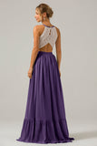 A-Line Halter Pleated Keyhole Chiffon Bridesmaid Dress With Lace