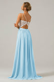 A-Line Spaghetti Straps Pleated Long Bridesmaid Dress With Lace