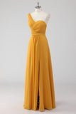 Yellow A Line One Shoulder Ruched Long Bridesmaid Dress with Slit
