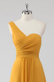Yellow A Line One Shoulder Ruched Long Bridesmaid Dress with Slit
