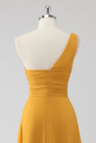 Yellow A Line One Shoulder Ruched Long Bridesmaid Dress with Slit