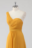 Yellow A Line One Shoulder Ruched Long Bridesmaid Dress with Slit
