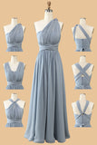 Grey Blue A Line Convertible Long Chiffon Bridesmaid Dress
