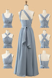 Grey Blue A Line Convertible Long Chiffon Bridesmaid Dress