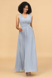 A Line One Shoulder V Neck Halter Neck Floor Length Grey Blue Bridesmaid Dress