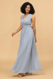 A Line One Shoulder V Neck Halter Neck Floor Length Grey Blue Bridesmaid Dress