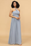 A Line One Shoulder V Neck Halter Neck Floor Length Grey Blue Bridesmaid Dress