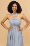 A Line One Shoulder V Neck Halter Neck Floor Length Grey Blue Bridesmaid Dress