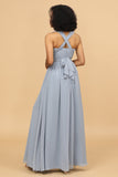 A Line One Shoulder V Neck Halter Neck Floor Length Grey Blue Bridesmaid Dress