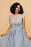 Grey Blue A Line Convertible Chiffon Floor-Length Bridesmaid Dress