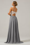 A-Line Spaghetti Straps Pleated Long Bridesmaid Dress With Lace