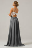 A-Line Spaghetti Straps Pleated Long Bridesmaid Dress With Lace