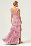 Dark Navy A Line Square Neck Tiered Long Chiffon Bridesmaid Dress with Ruffles