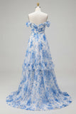 Off the Shoulder Blue Floral A Line Ruffled Prom Dress
