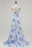 Blue Floral One Shoulder A Line Maxi Prom Dress with Slit