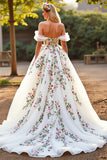 Floral Off The Shoulder White Tulle A Line Long Wedding Dress
