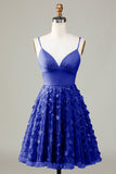 Navy A-Line Spaghetti Straps Short Homecoming Dress With Appliques