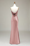 Sheath Spaghetti Straps Long Satin Bridesmaid Dress