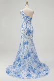 One Shoulder Blue Floral Mermaid Maxi Prom Dress